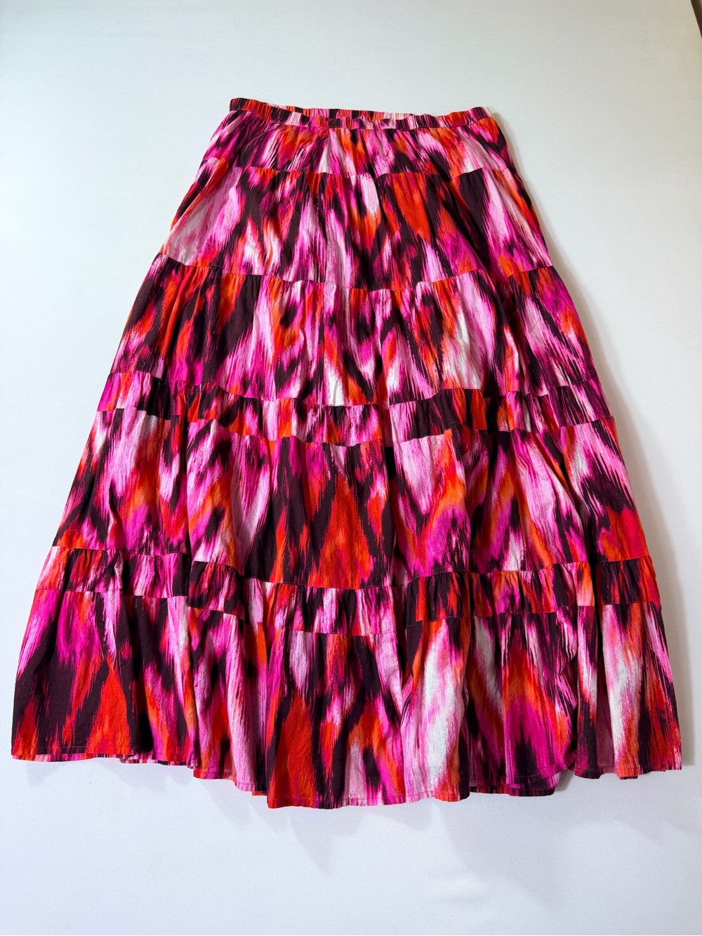 Jones New York Maxi Skirt 100% Cotton Tiered Boho Ikat Print Pink Red Sz 10